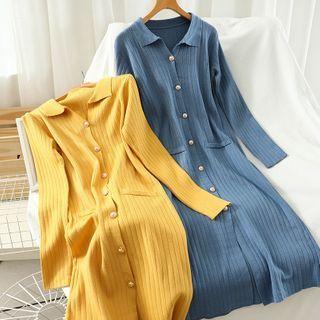 Collared Button Midi A-line Knit Dress
