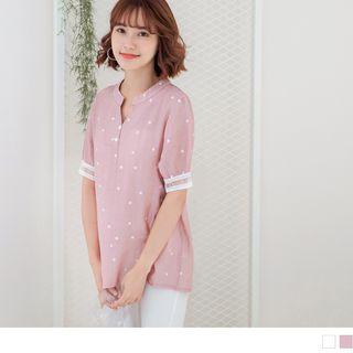 Lace Trim Short Sleeve Star Print Top