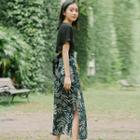 Set: V-neck Lace-up Back Short-sleeve T-shirt + Leaf Print Midi Skirt