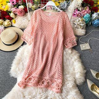 Set: Crochet-lace Short-sleeve Dress + Slipdress