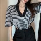 V-neck Elbow Sleeve Cutout Loose-fit Striped Top As Shown In Figure - One Size