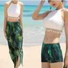 Set Of 3: Halter Tankini Top + Leaf Print Swim Bottom + Cover-up Skirt