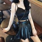 Long-sleeve Lace Top / Camisole / Faux Leather Mini A-line Skirt