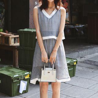 Gingham Sleeveless Mock Two-piece Dress