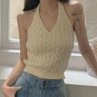 Sleeveless Plain Halter V-neck Knit Tank Top Almond - One Size