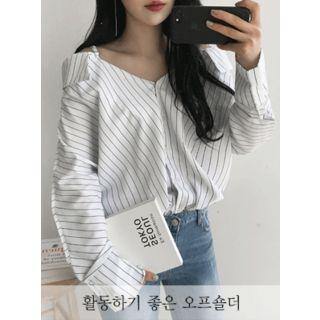 Off-shoulder Pinstripe Shirt