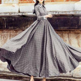 Long-sleeve Plaid A-line Maxi Shirtdress