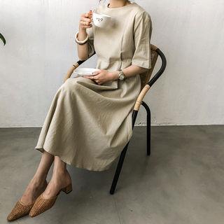 Short-sleeve Linen Blend Long Flare Dress
