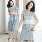 Set: Color Panel Sleeveless Knit Dress + Long Cardigan