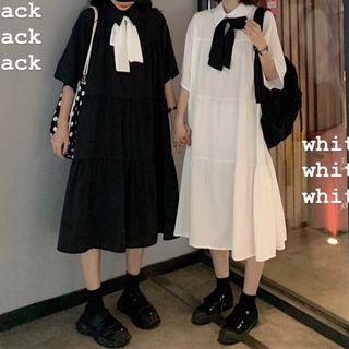 Tie-neck Tiered Short-sleeve Midi Dress