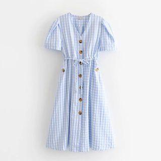 Plaid Short-sleeve Midi A-line Skirt