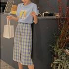 Buttoned Plaid Midi Pencil Skirt