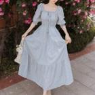 Plain Short-sleeve Square-neck Midi A-line Dress