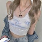 Angel Print Lace Trim Crop Tank Top Angel - Blue & White - One Size