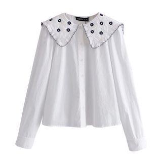 Collared Flower Embroidered Blouse