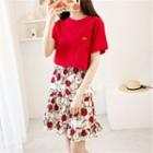 Set: Elbow-sleeve T-shirt + Floral Print Mini A-line Dress