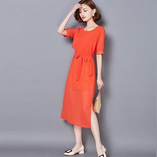 Side Split Short-sleeve Chiffon Dress