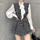 Bow-neck Blouse / Frayed Trim Vest