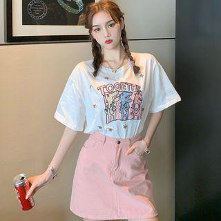 Sequined Embroidered Short-sleeve T-shirt / Denim Mini A-line Skirt