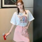 Sequined Embroidered Short-sleeve T-shirt / Denim Mini A-line Skirt