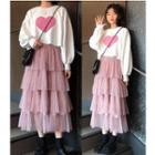 Heart Applique Pullover / Midi Mesh Layered Skirt
