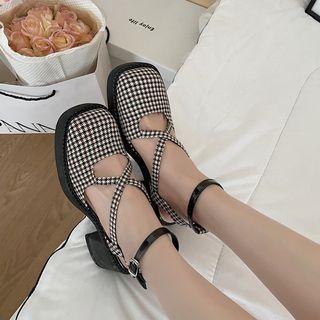 Houndstooth Ankle-strap Platform Chunky-heel Pumps