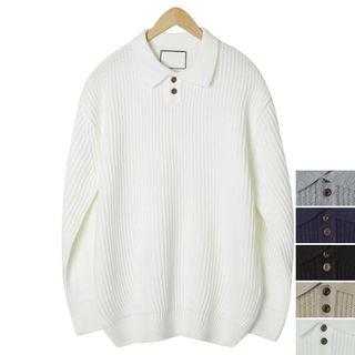 Collared Boxy-fit Rib-knit Sweater