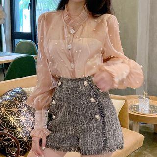 Faux Pearl Lantern Sleeve Sheer Blouse / Tweed Shorts