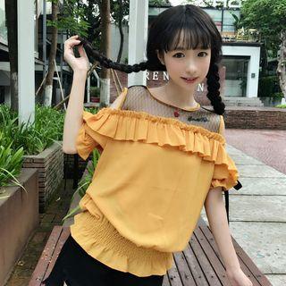 Mesh Panel Cold Shoulder Frilled Short-sleeve Top