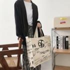 Print Canvas Tote Bag Black Lettering - Almond - One Size