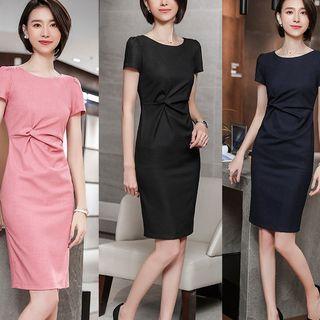 Short-sleeve Knotted Waist Pencil Dress