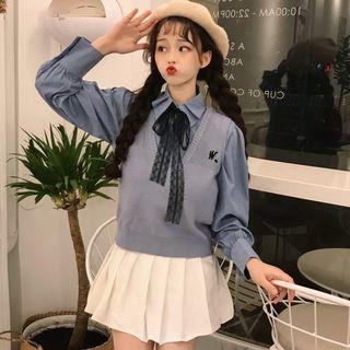 Long-sleeve Shirt / Knit Sweater Vest Set