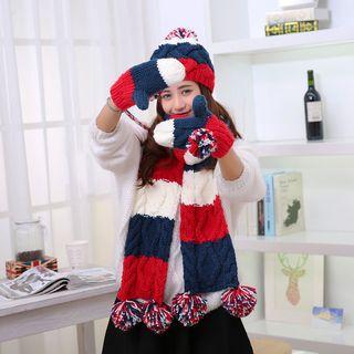Set : Colour Block Ribbed Beanie + Mittens + Scarf