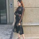 Set: Dotted Long Sleeve Mesh Top + Floral Print Slipdress