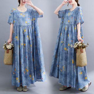 Short-sleeve Lemon Print Maxi Smock Dress Blue - One Size