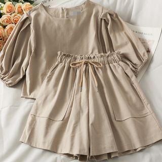 Set: Puff-sleeve Crop Top + Wide-leg Shorts