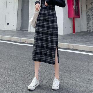 Plaid Slit Midi Sheath Skirt