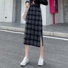 Plaid Slit Midi Sheath Skirt