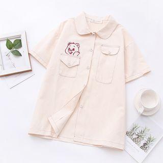 Bear Embroidered Contrast Stitching Short-sleeve Shirt Off-white - One Size