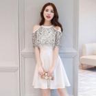 Lace Panel Shoulder-cutout Elbow-sleeve A-line Dress
