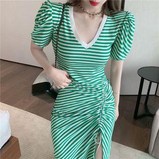 Short-sleeve Striped Slit Midi Dress