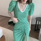 Short-sleeve Striped Slit Midi Dress