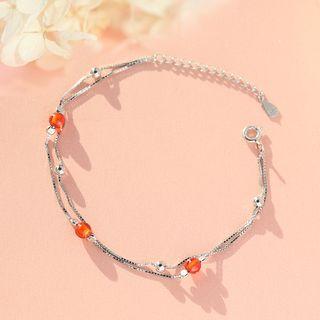 925 Sterling Silver Bead Layered Bracelet 1 Pc - Orange Red Beads - Silver - One Size