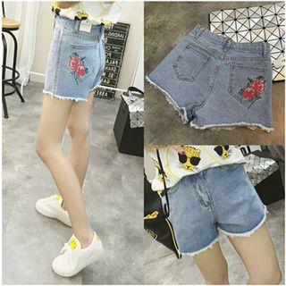 Rose Embroidered Frayed Hem Denim Shorts
