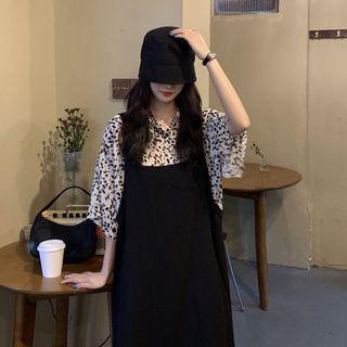 Printed Leopard Oversize Shirt / Plain A-line Dress