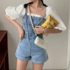 Puff-sleeve Plain Blouse / Spaghetti Strap Denim Romper / Set