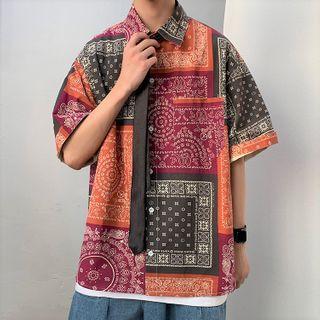 Color Panel Printed Elbow-sleeve Shirt
