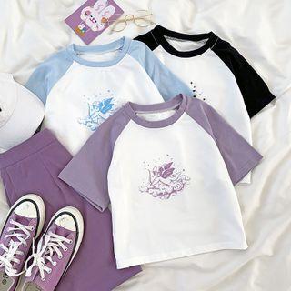Short-sleeve Color-block Angel Printed T-shirt
