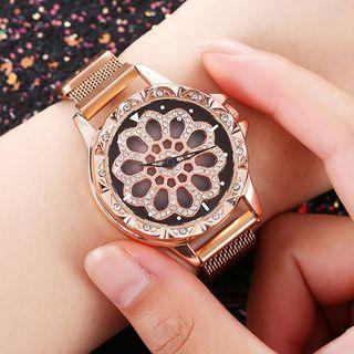 Rhinestone Cutout Flower Alloy Strap Watch