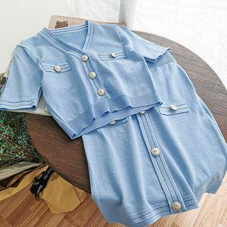 Set: V-neck Knit Cropped Top + Skirt